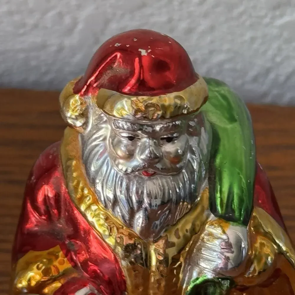 Vintage Metal Santa Shine Glaze Chrome Christmas Sack 4 1/2” Tall Holiday Decor